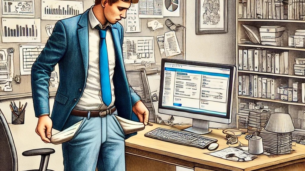 Un homme en costume se tient dans un bureau, regardant dans les poches vides de son pantalon. Il semble inquiet. Un ordinateur sur le bureau affiche des données financières. L'arrière-plan est rempli de graphiques et de fournitures de bureau.
